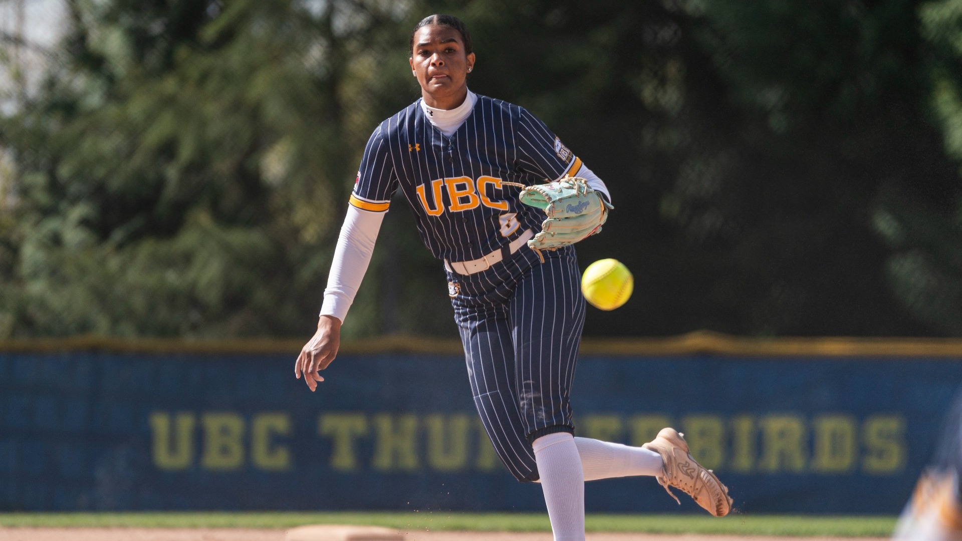 Carleen Murray holds her follow-through after releasing a pitch