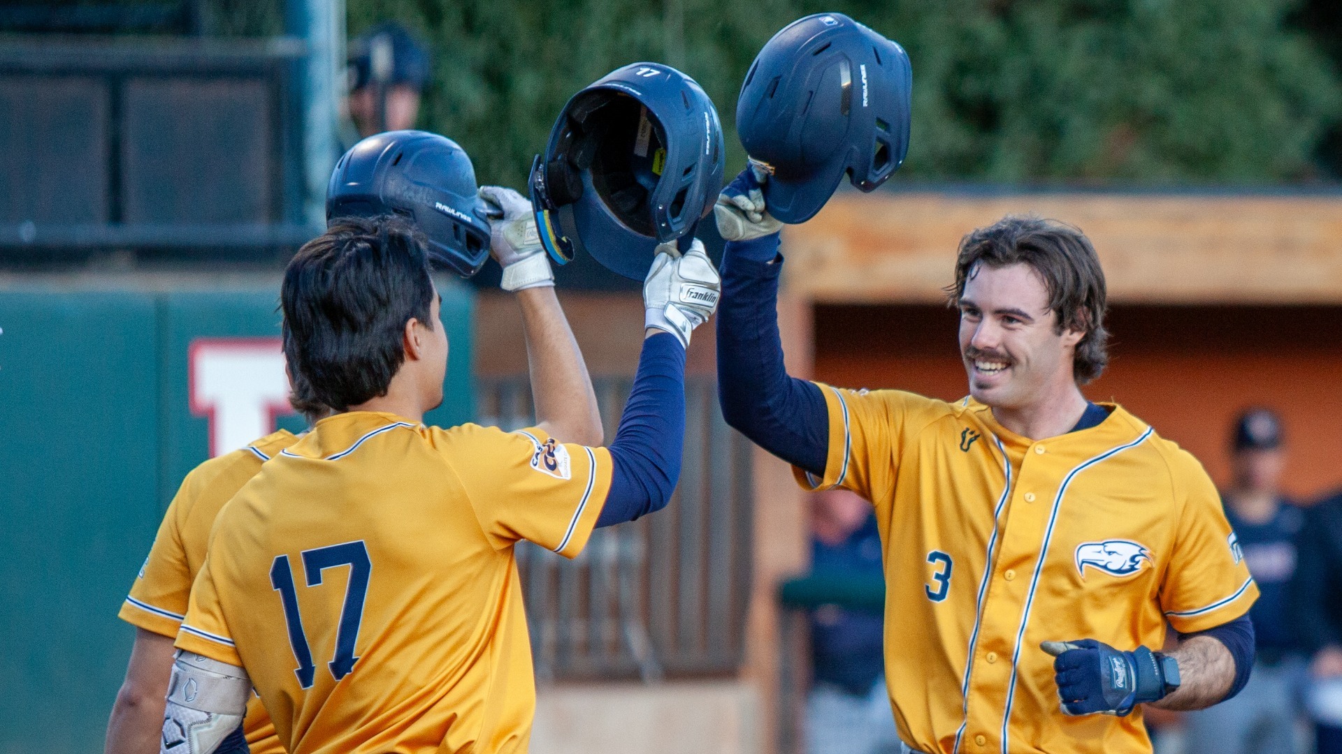 Josh Cote goes to tap his helmet with a teammate after hitting a home run