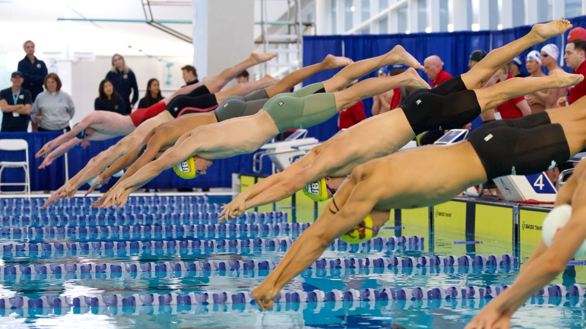 Several men's swimmers dive into the pool to begin a heat at the 61st Mel Zajac Jr. International Swim Meet, two are clearly wearing UBC Thunderbirds swim caps