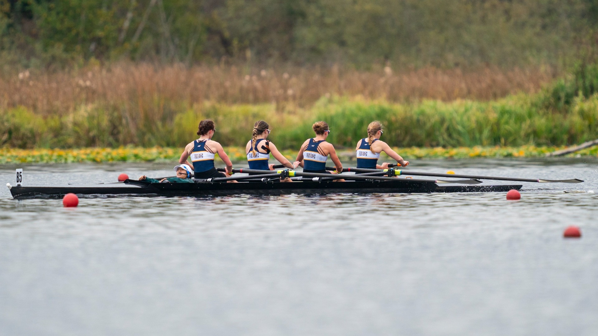 A quartet of Thunderbirds row a boat at the Western Canadian Championship