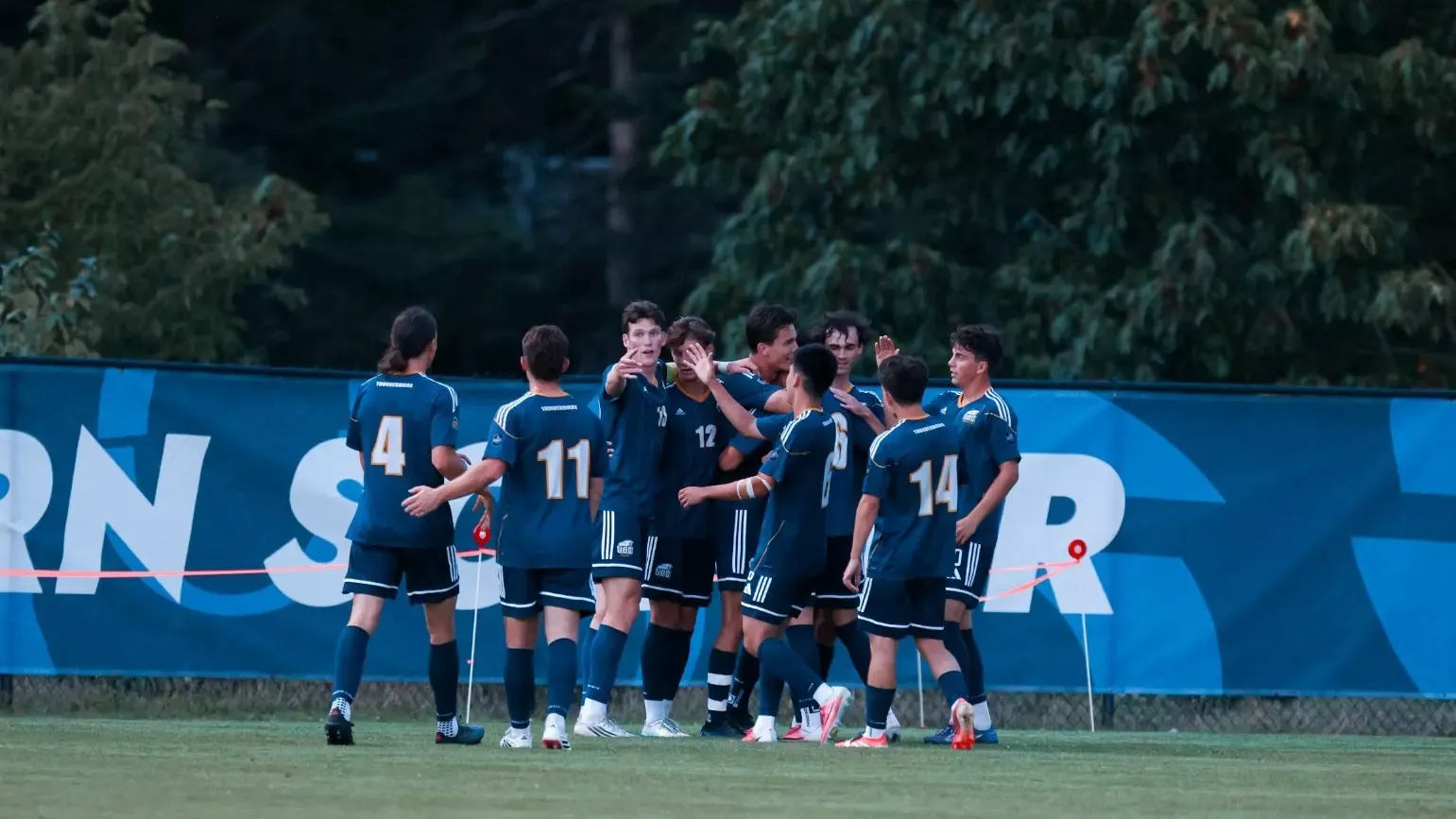 The UBC Thunderbirds celebrate a goal scored against the Trinity Western University Spartans (Aug. 29, 2026)