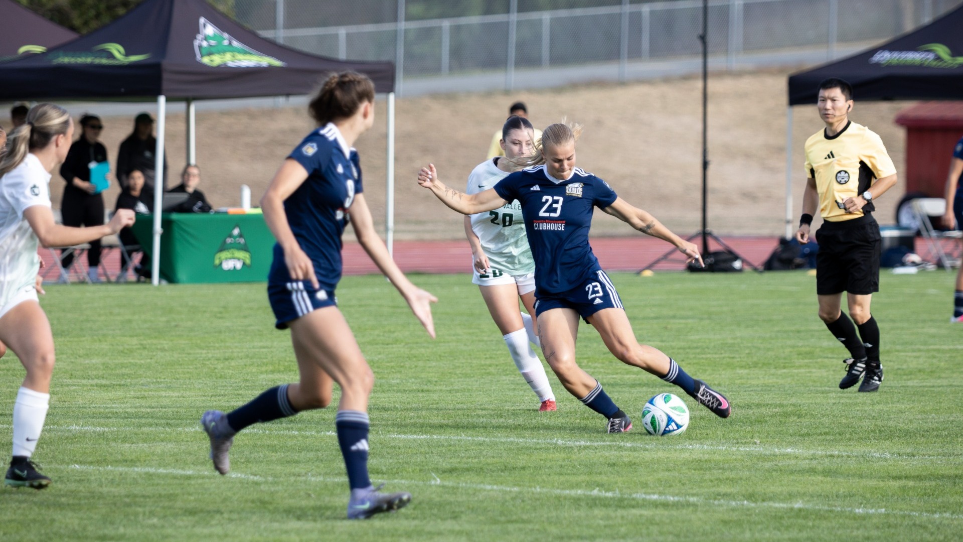 UBC's Maddy Norman winds up to a take a shot from outside the box against the UFV Cascades on Sept. 11, 2026.
