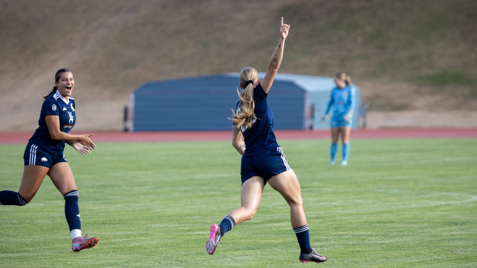 UBC's Maddy Norman celebrates a goal against the UFV Cascades on Sept. 11, 2026.