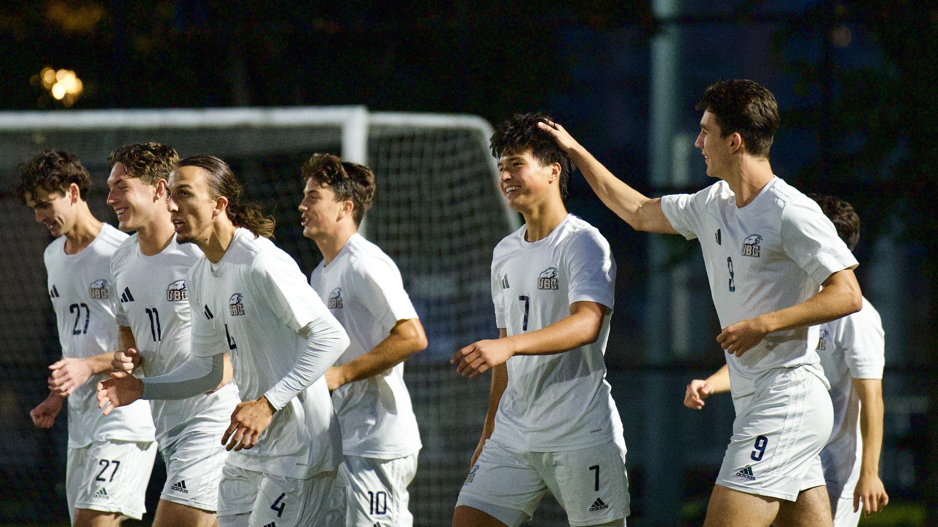 Henri Godbout is joined by his teammates to collectively celebrate his goal against the UBCO Heat on Sep. 18, 2026