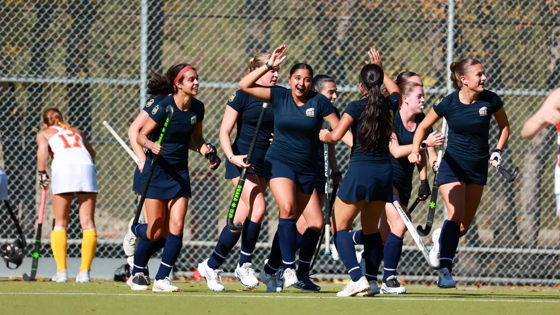 UBC's Sukhman Hundal celebrates her goal with teammates during a game against the University of Calgary Dinos on Sep. 20, 2026