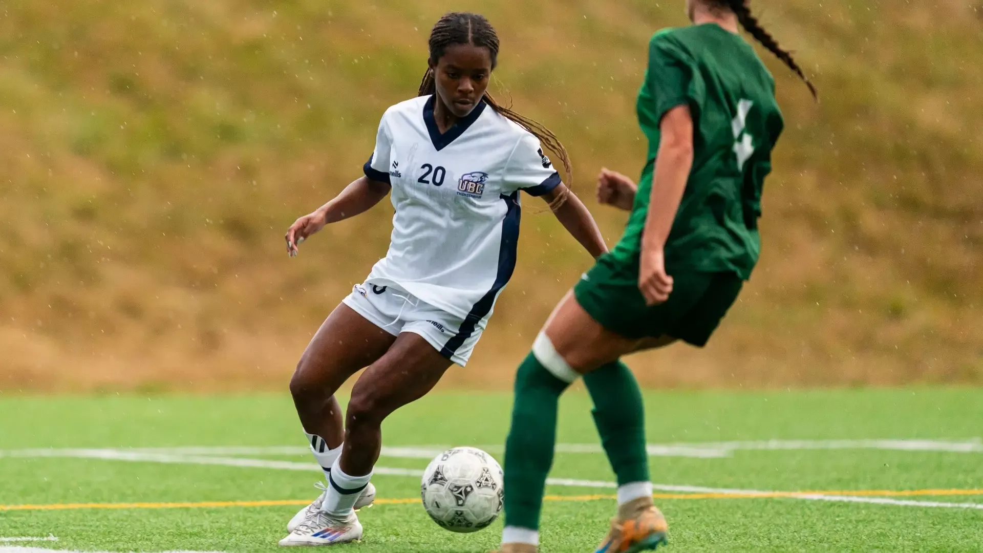 UBC's Jayda Thompson sizes up her defender while dribbling the ball in a game against the UFV Cascades on Sept. 25