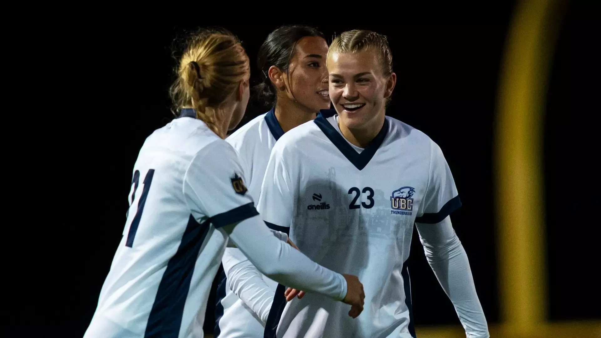 UBC's Maddy Norman celebrates her goal with teammates in a game against the UFV Cascades on Sept. 25, 2026