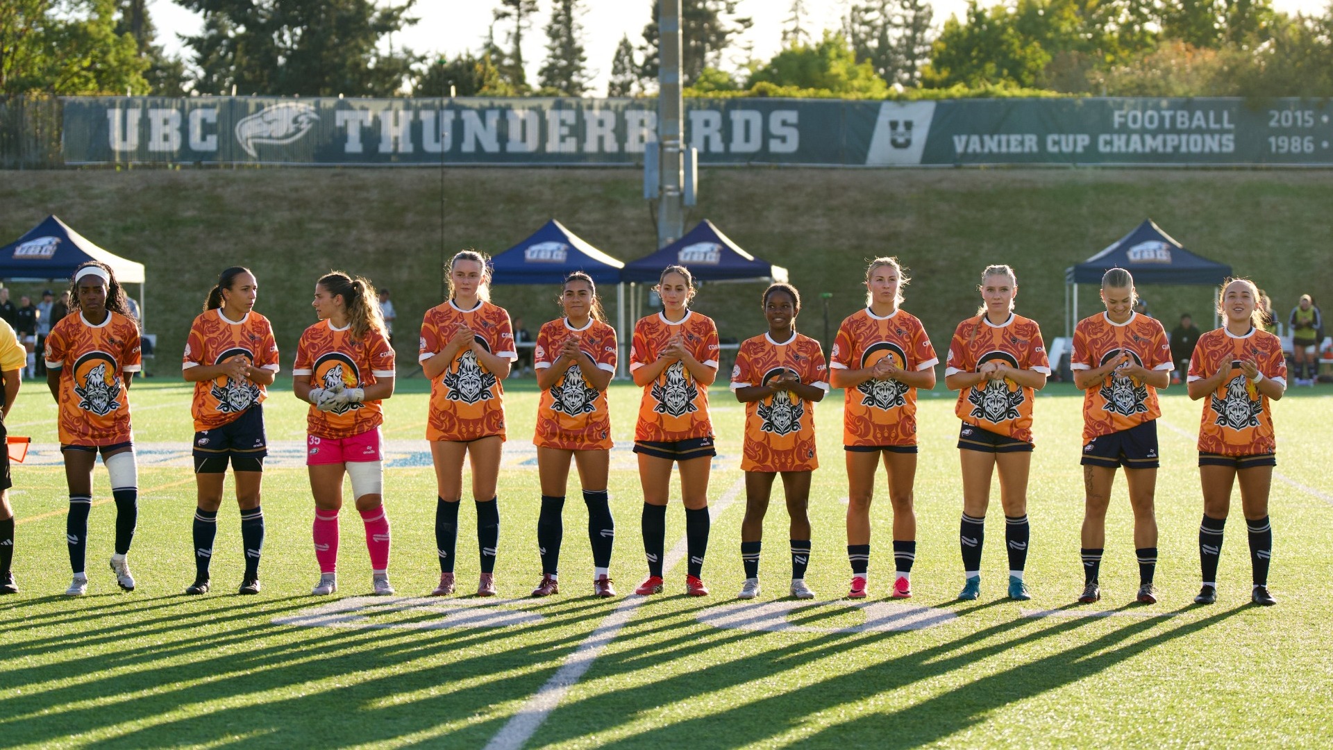 The UBC T-Birds lineup wearing specialized jerseys for The National Day for Truth and Reconciliation before a game against the TWU Spartans on Sept. 26, 2026