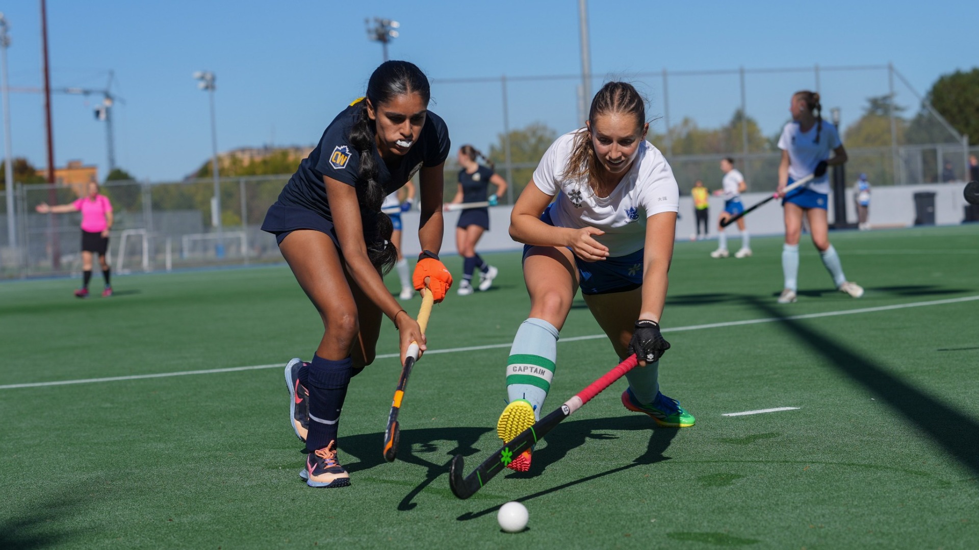 A T-Bird reaches for the ball while a player from the opposition does the same during a game agains the UVic Vikes on Sept. 27, 2026