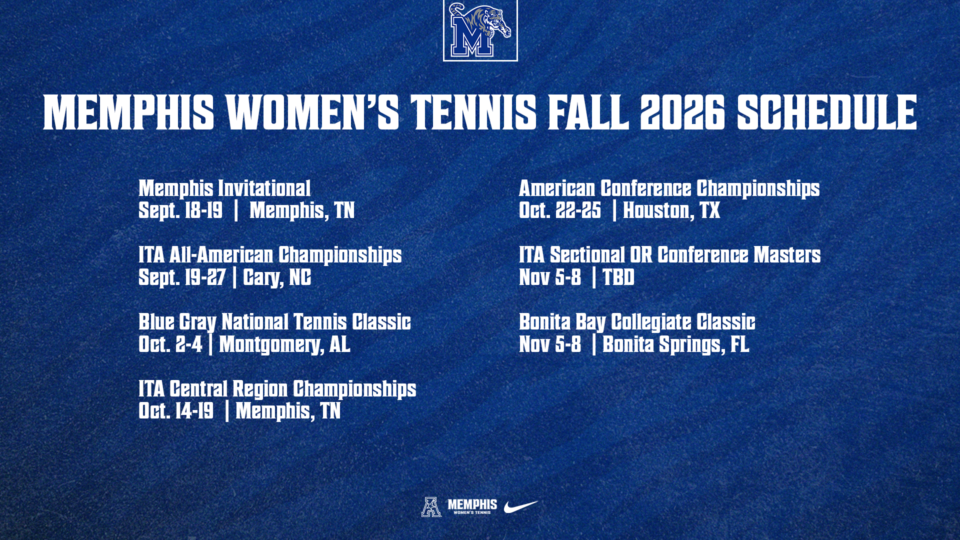 Memphis women’s tennis fall schedule graphic, including Oct. 14–19 regionals