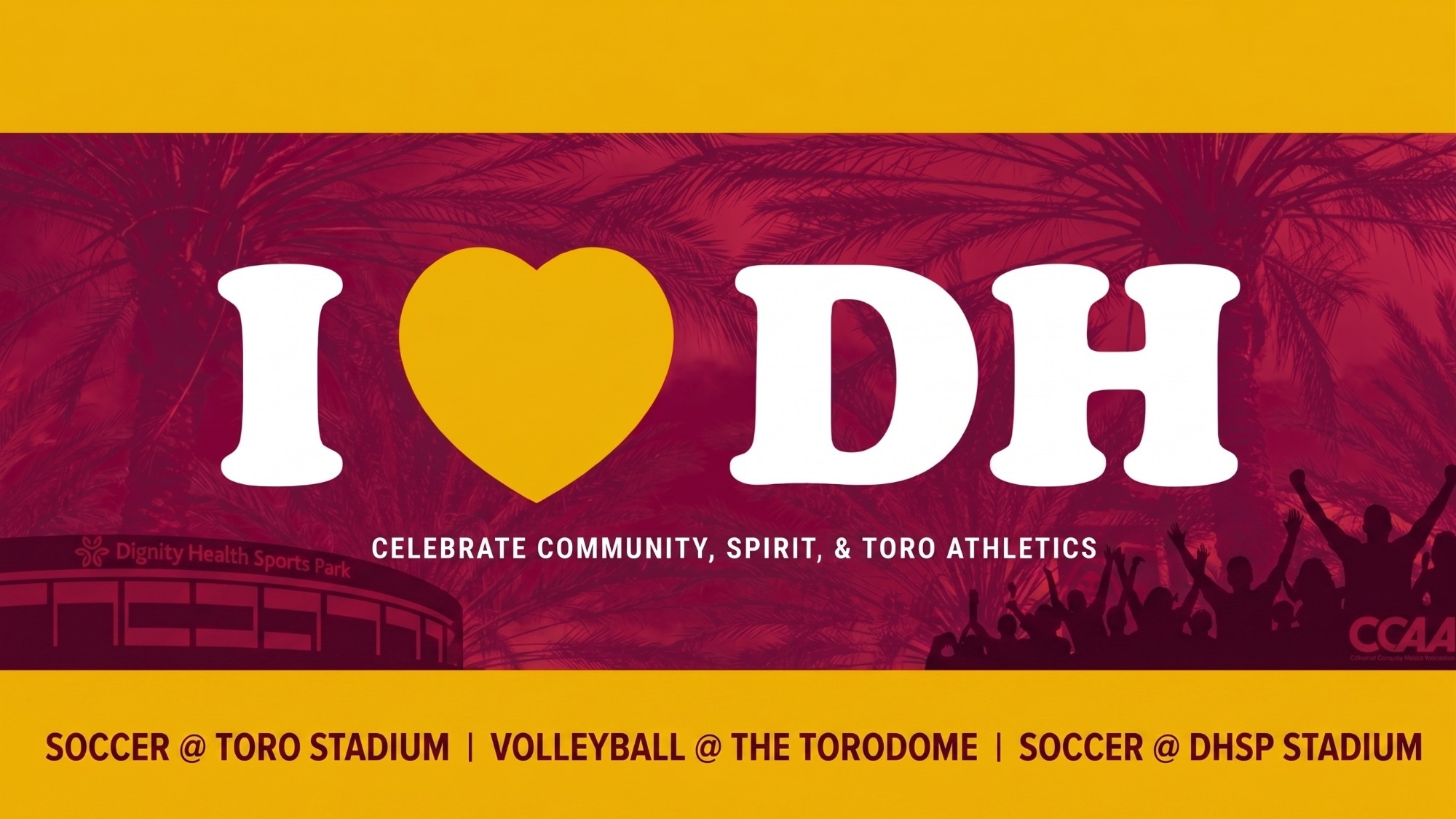 I Heart DH banner for Toro Athletics: Soccer and Volleyball at multiple venues. Crowd and palm tree background.