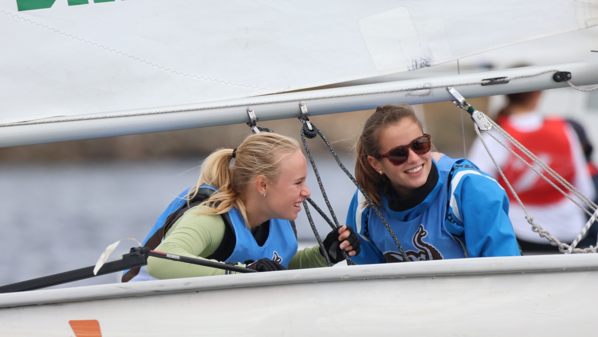 Sophia Hubbard and Lilly Ladd sailing during a regatta at Dartmoth.