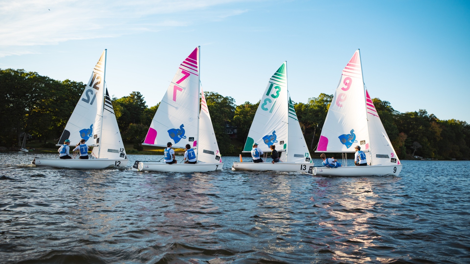 A fleet of Tufts sailboats practice on Upper Mystic Lake in late September 2025.