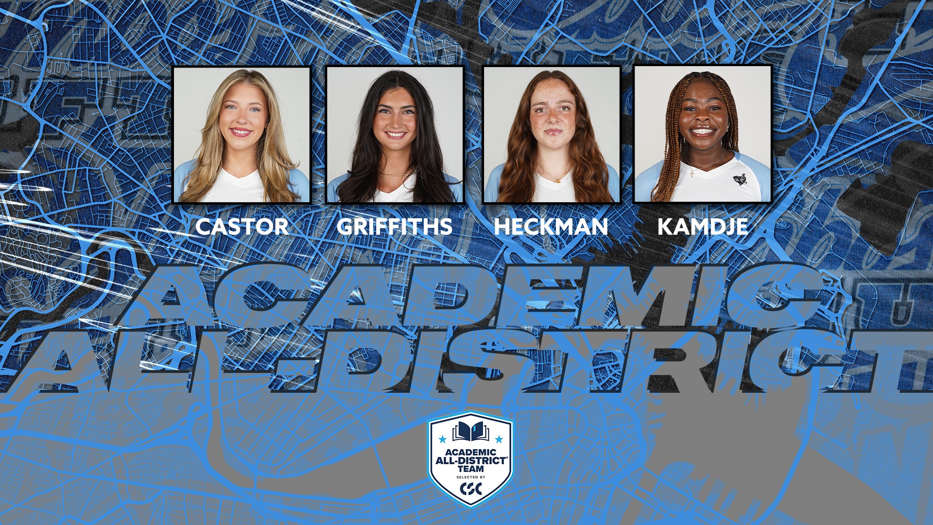 This is a graphic for Tufts volleyball's Academic All-District honorees in 2025.