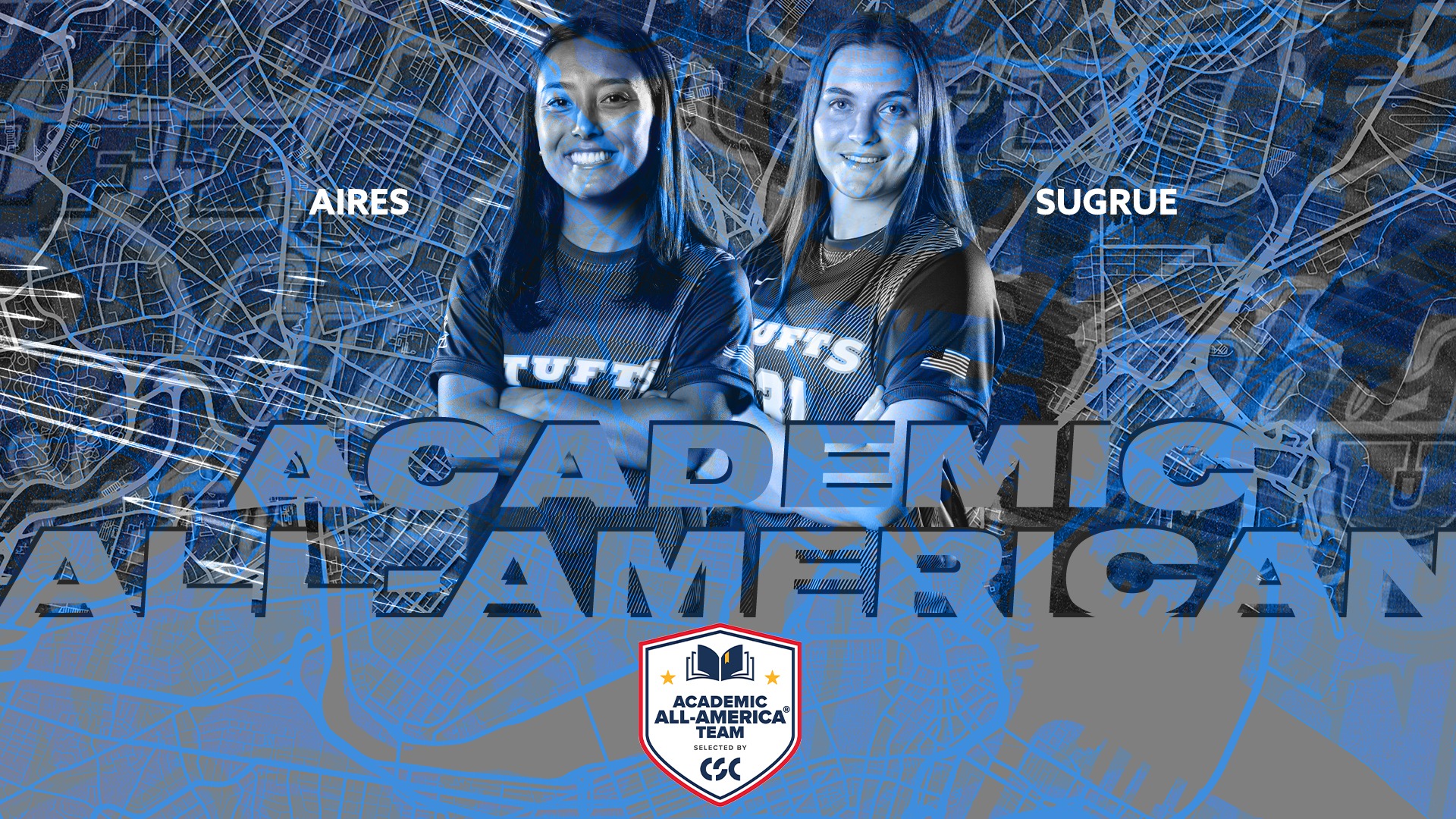 This is a graphic for Tufts women's soccer's 2025 Academic All-American recipients.