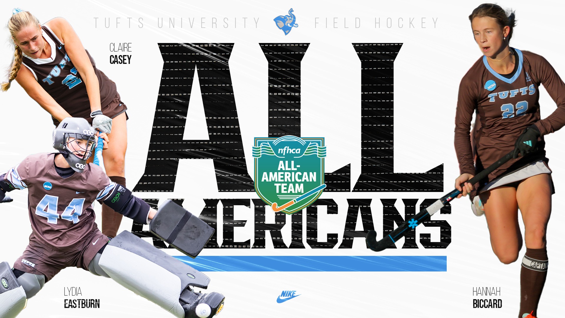 Graphic for 2025 Tufts Field Hockey All-Americans (Casey, Eastburn, Biccard)