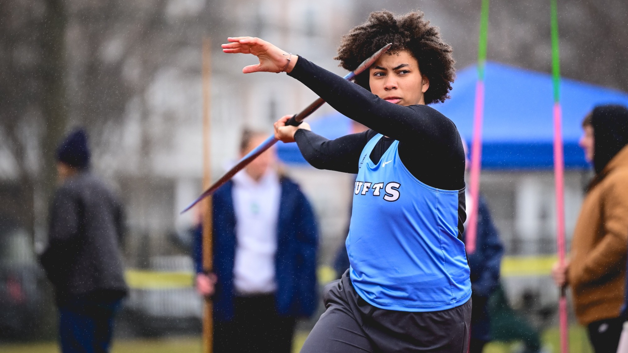 Jackie Wells tosses a javelin at the snowflake classic
