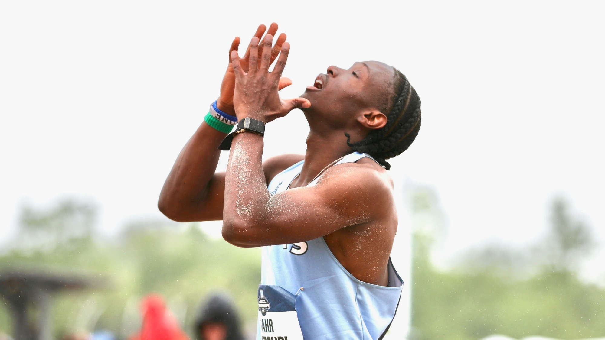 Sahr Matturi's reaction at the long jump during the 2025 NCAA Championships