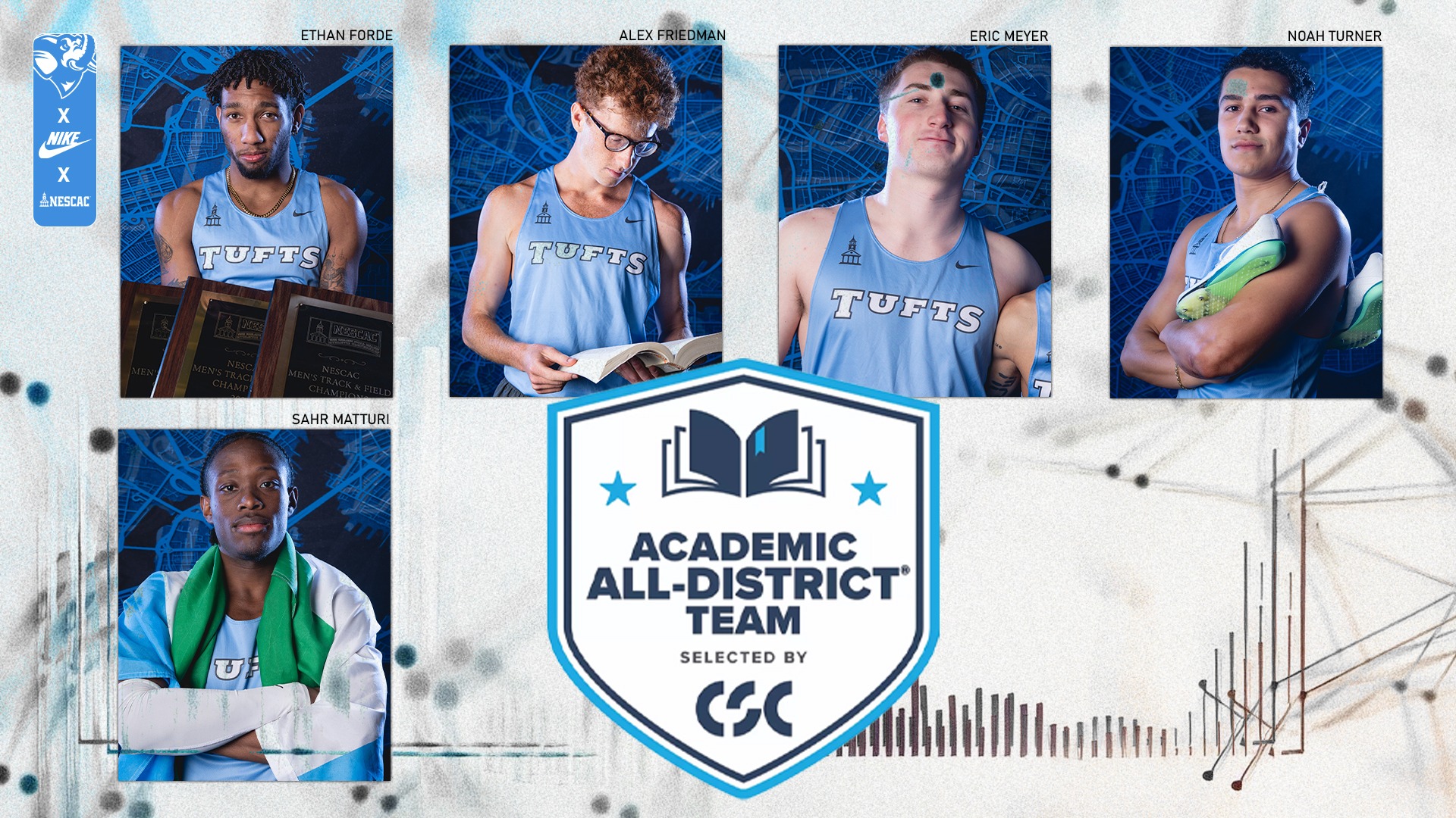 This is the graphic for the Tufts men's cross country and track & field Academic All-District honorees.