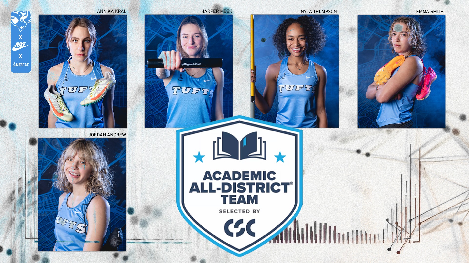 This is the graphic for the Tufts women's cross country and track & field Academic All-District honorees.