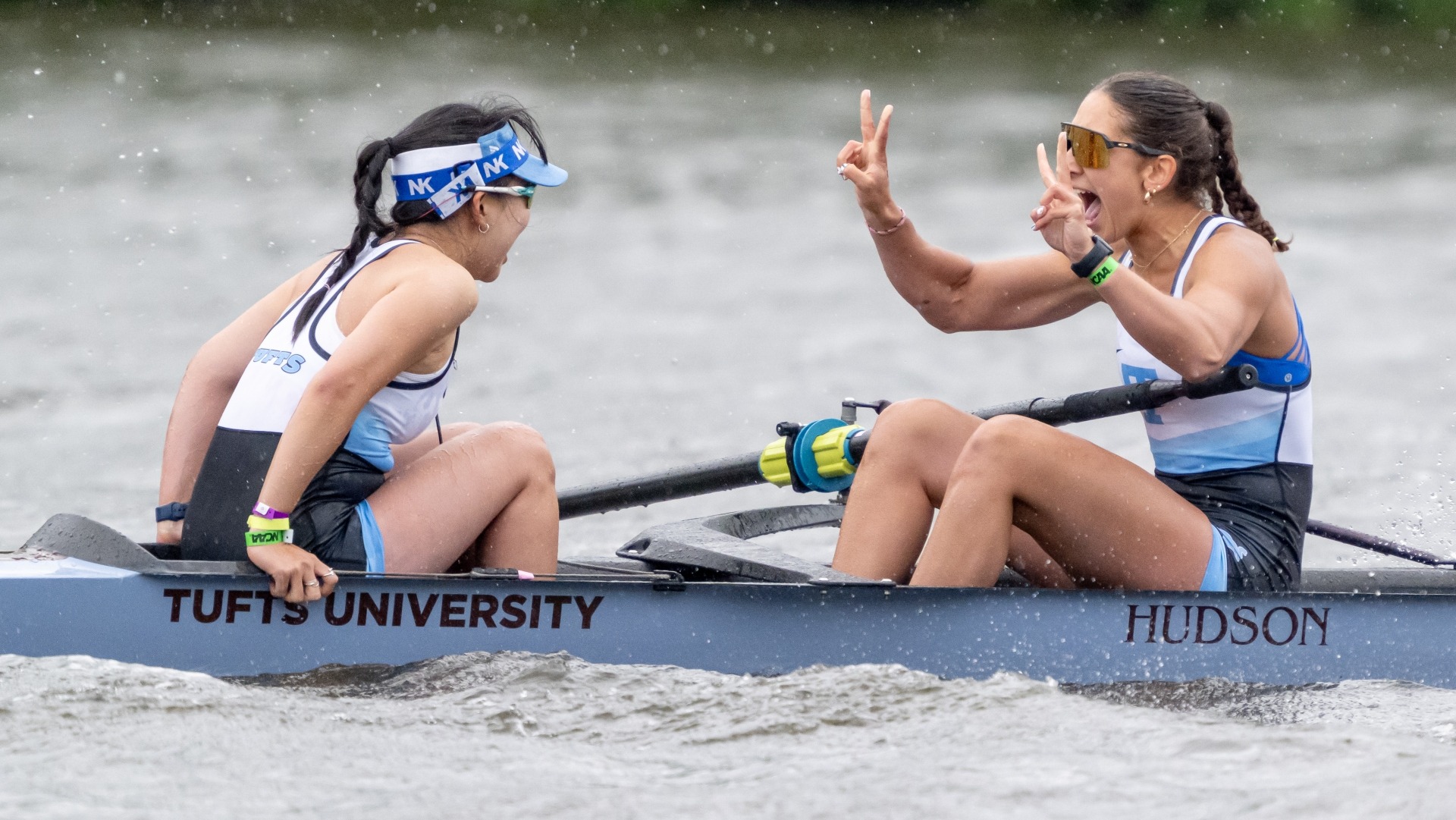Hannah Jiang and Rose Tinkjian celebrate Tufts NCAA Championship win in 2025.