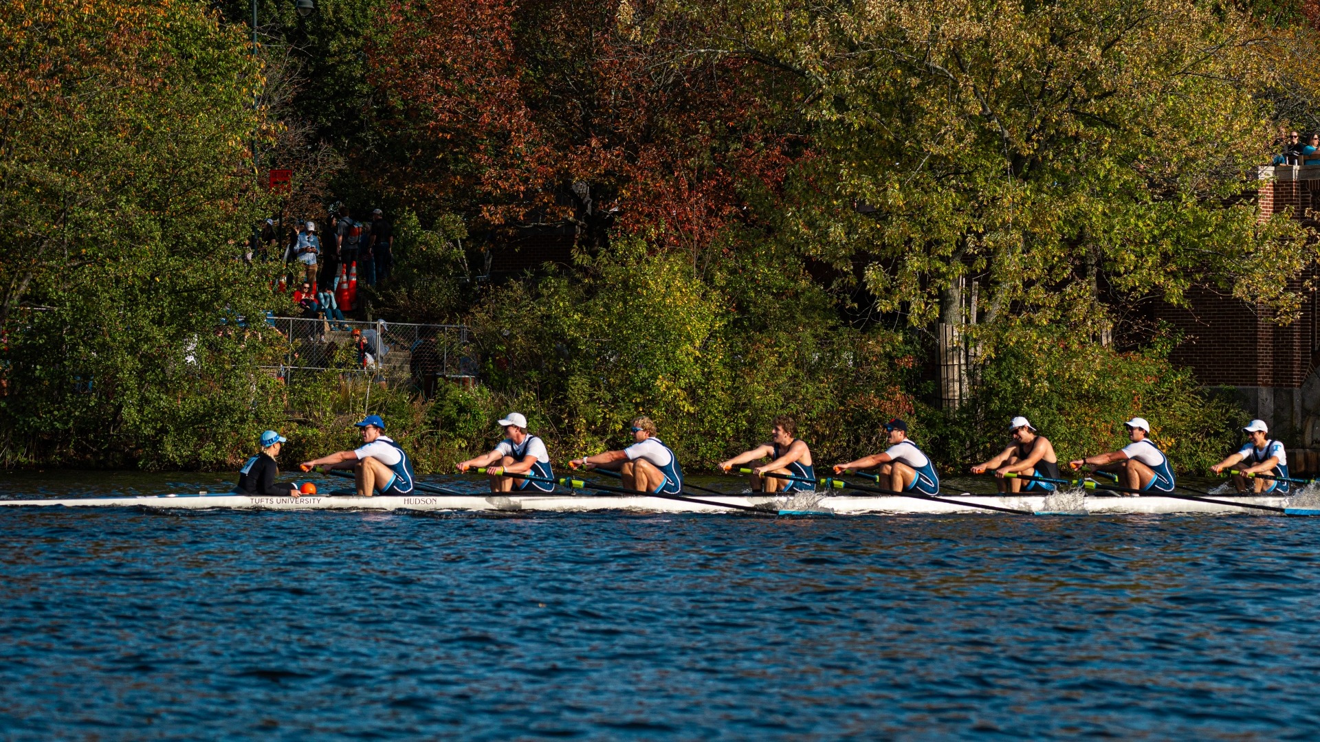 The Tufts second varsity eight rows on the Charles River.