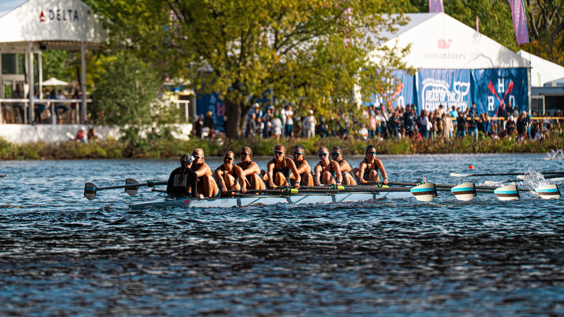 The women's rowing second varsity eight competes at Head of the Charles.