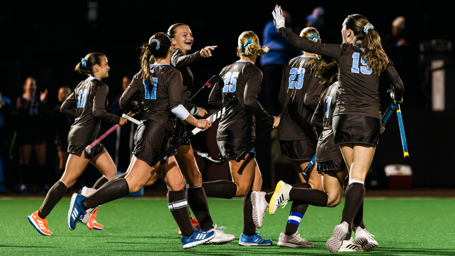 The Jumbo celebrate a goal scored against Bowdoin College.