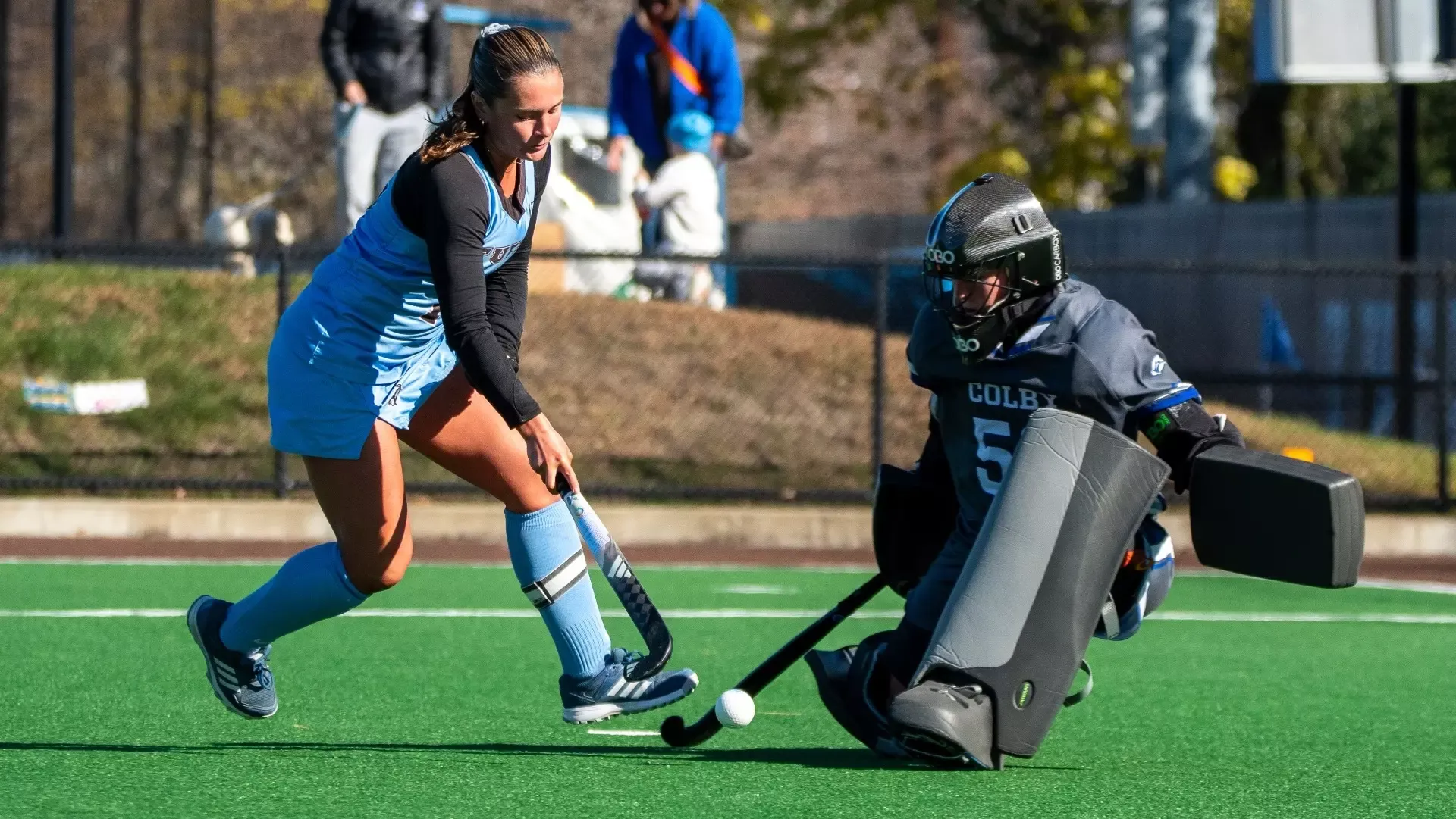 Reagan Malo tries to get the ball past the Colby goalkeeper.