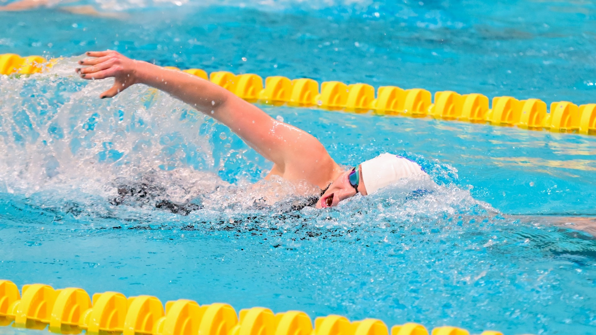 Sophia Knight swims the freestyle at a Tufts University meet.
