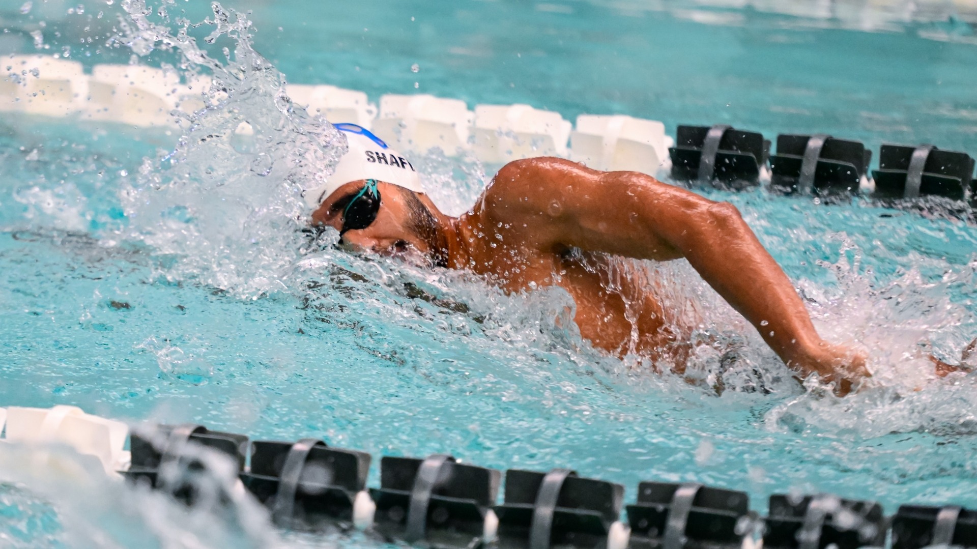 Rafae Shafi swims a freestyle event at Brandeis University.