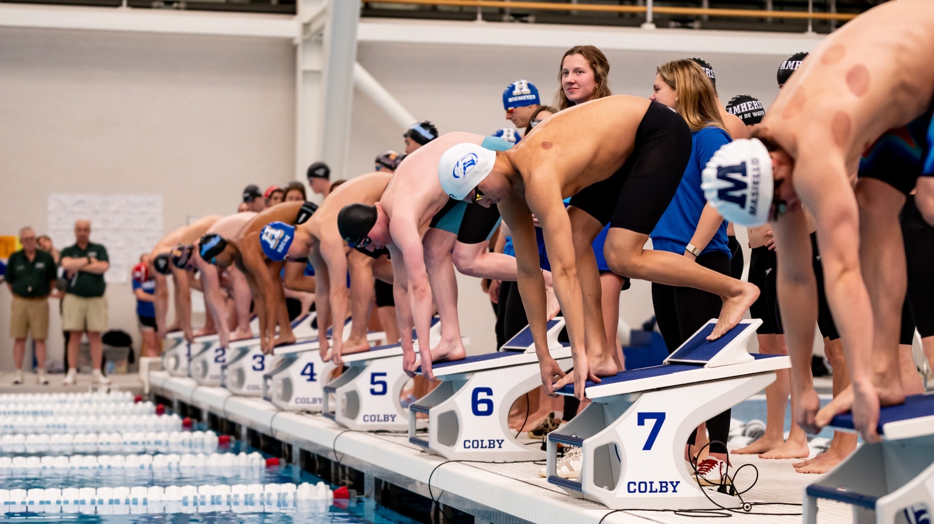 The 800 freestyle relay gets set to start at the NESCAC Championships.