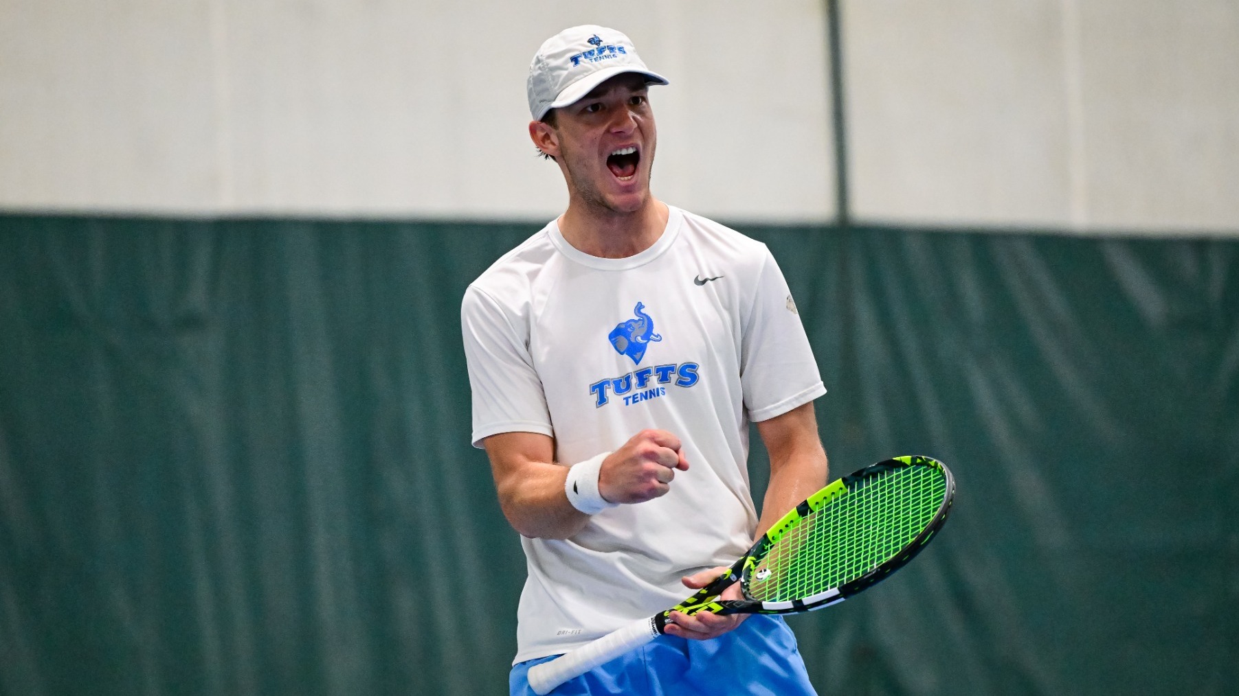 Javier Gonzalez Celebrates Point For Tufts Men's Tennis.