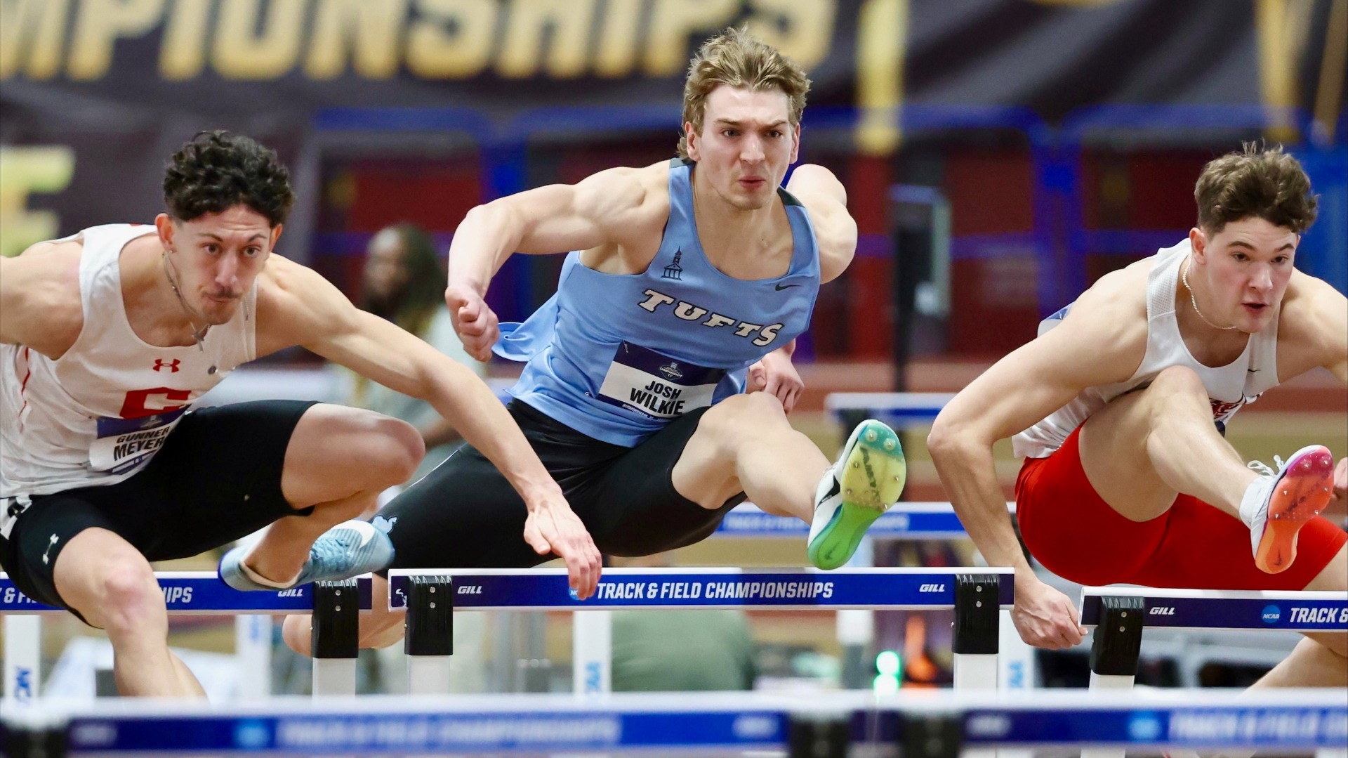 Josh Wilkie competes in the 60-meter hurdles at the NCAA Indoor Championships.