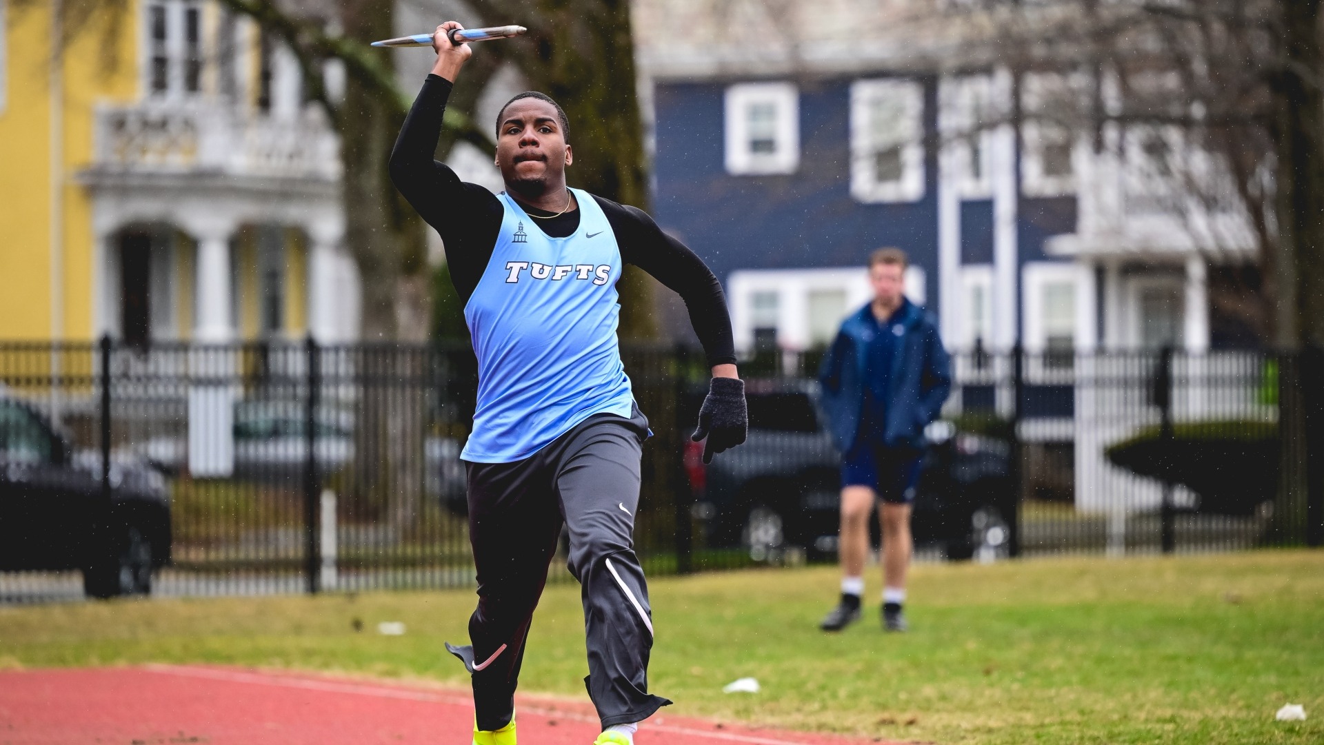 Randy Hamilton throws the javelin at a Tufts outdoor track meet.
