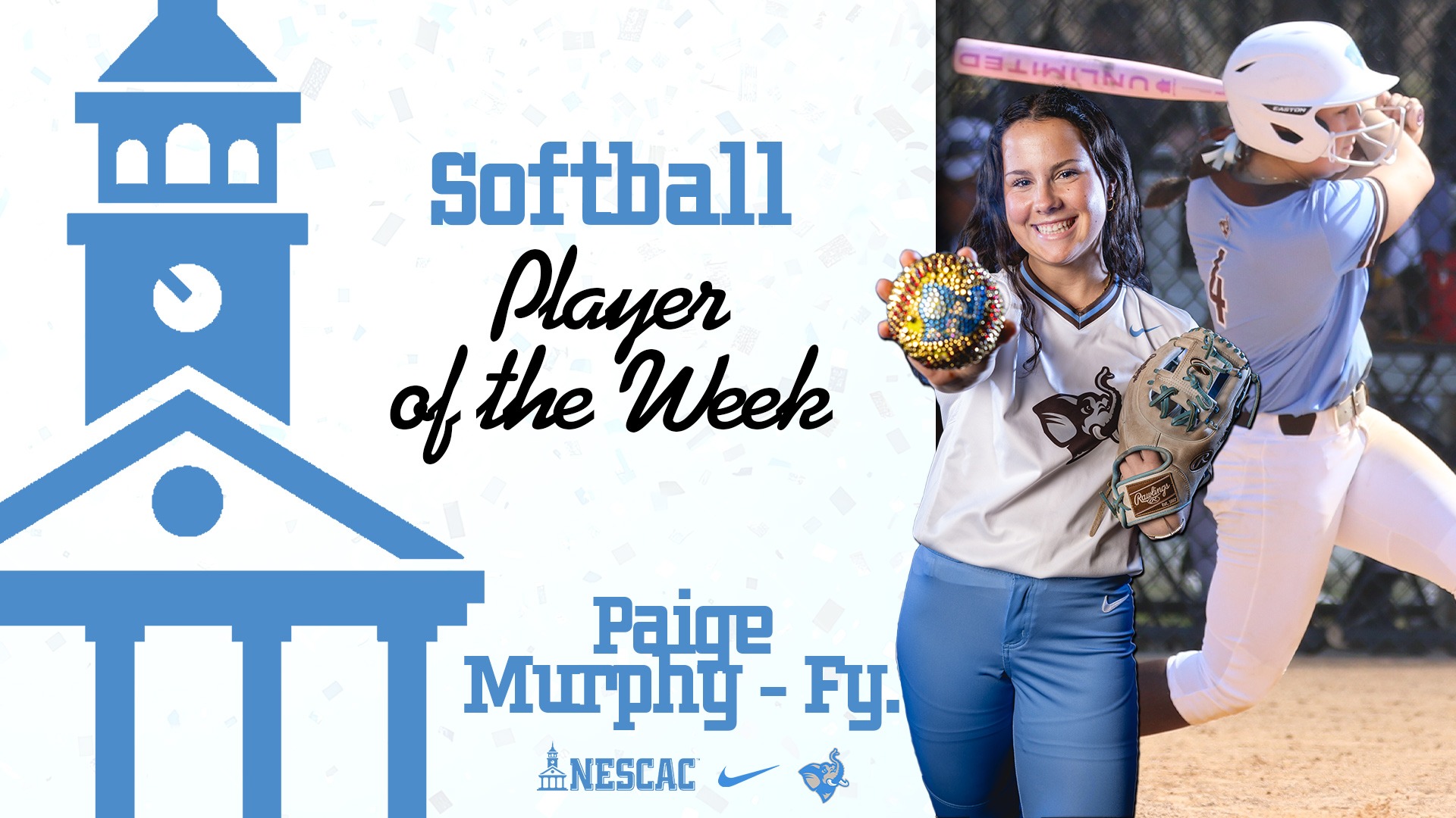 This is the graphic for NESCAC Softball Player of the Week Paige Murphy.