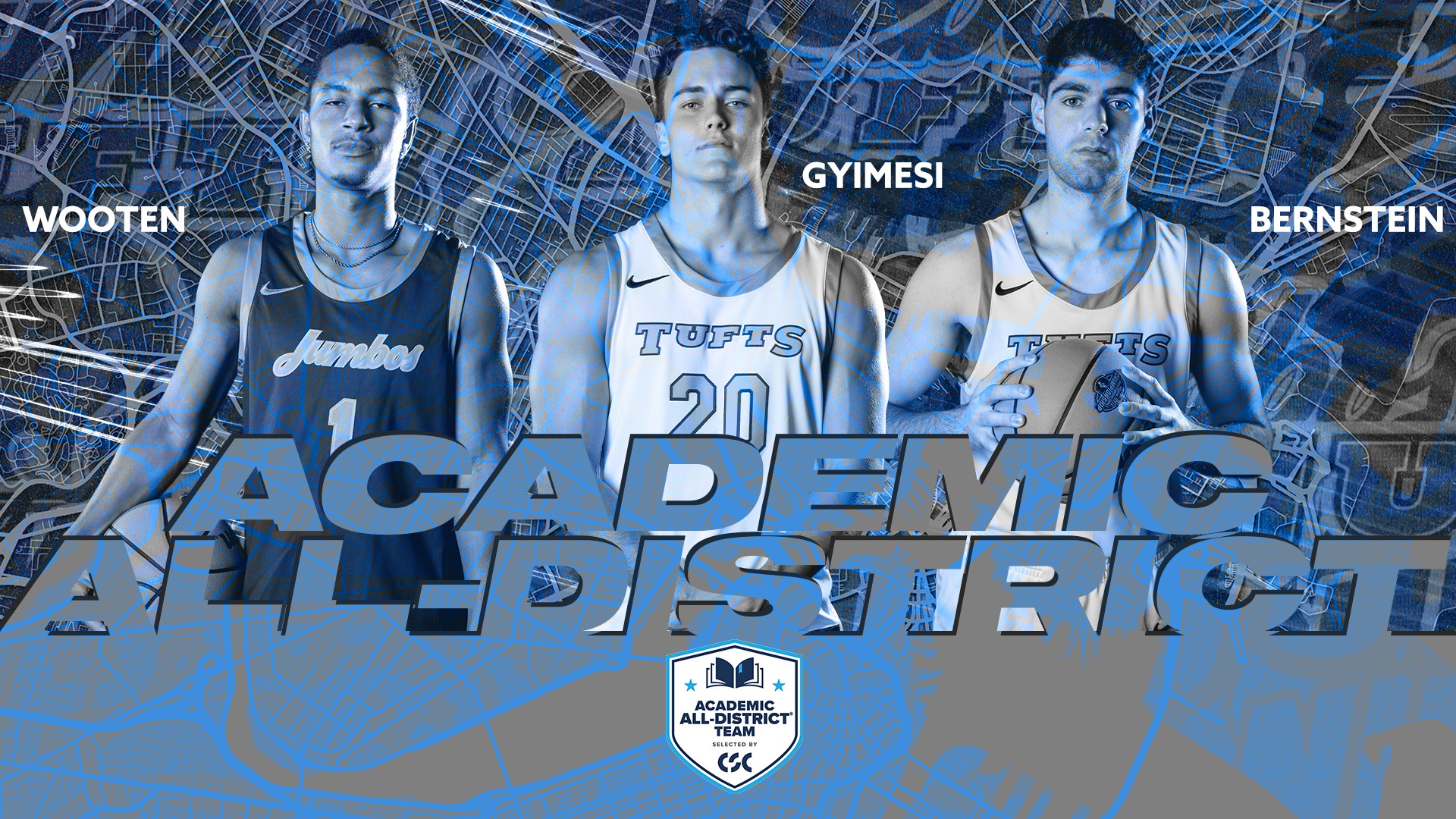 This is the graphic for Tufts Academic All-District Men's Basketball Honorees.