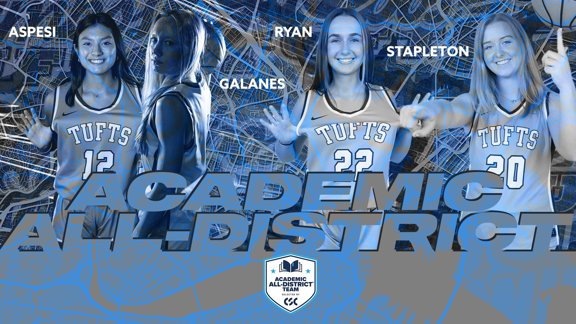 This is the graphic for Tufts Women's Basketball Academic All-District honorees.