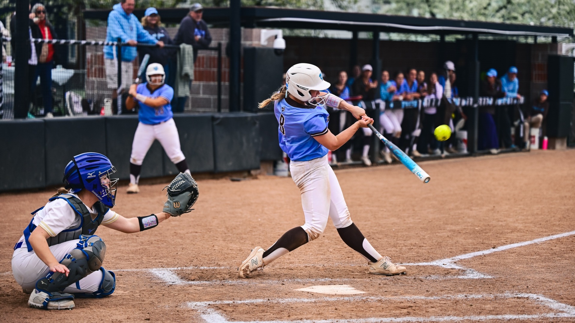 Haley Leimbach makes contact for the Tufts Softball team at Spicer Field.