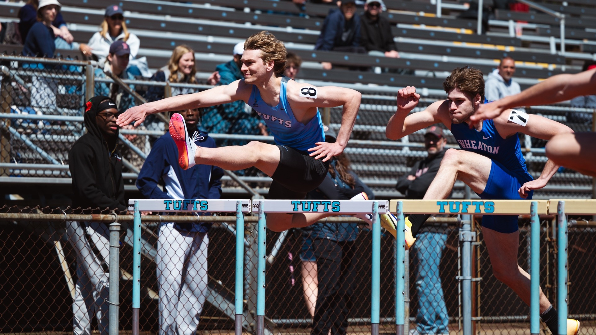 Josh Wilkie competes in the hurdles at the Tufts Spring Invitational.