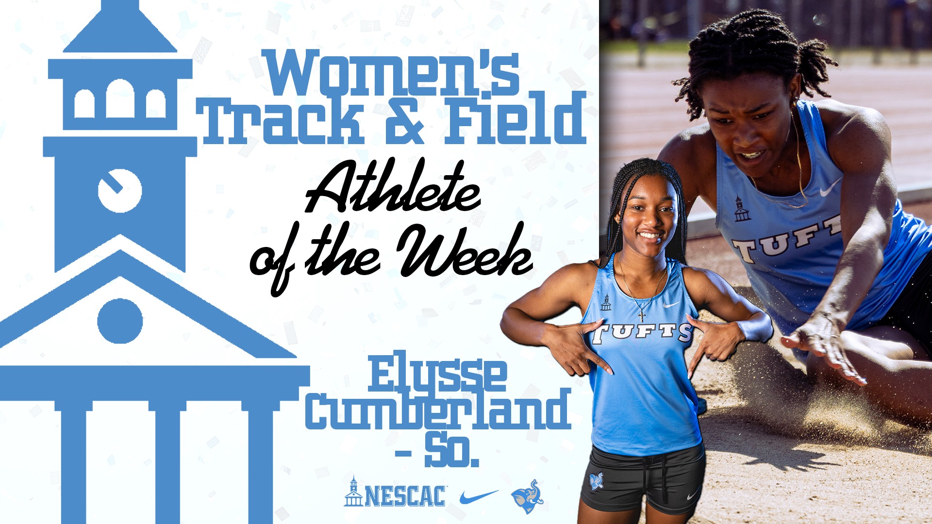This is the graphic for the Elysse Cumberland NESCAC Field Athlete of the Week announcement.