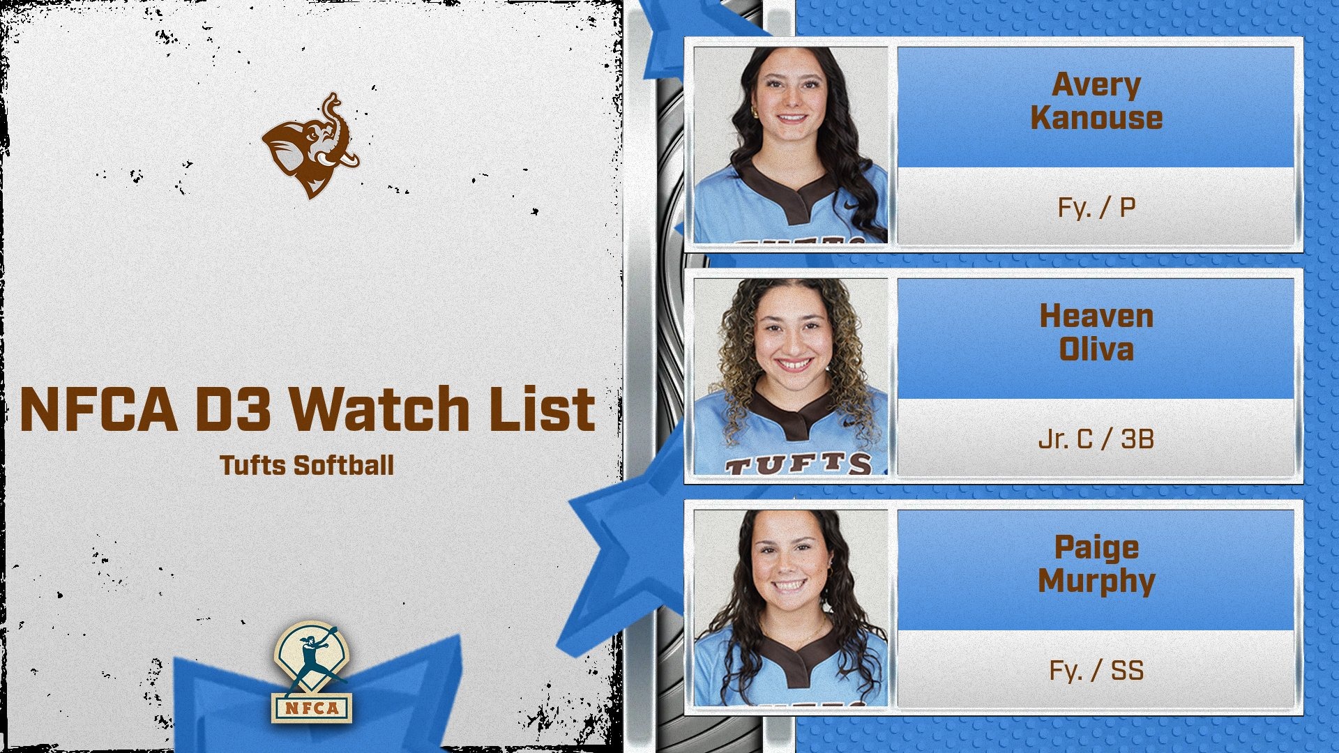 This is the graphic for the NFCA Division III Softball Watchlist Tufts representatives.