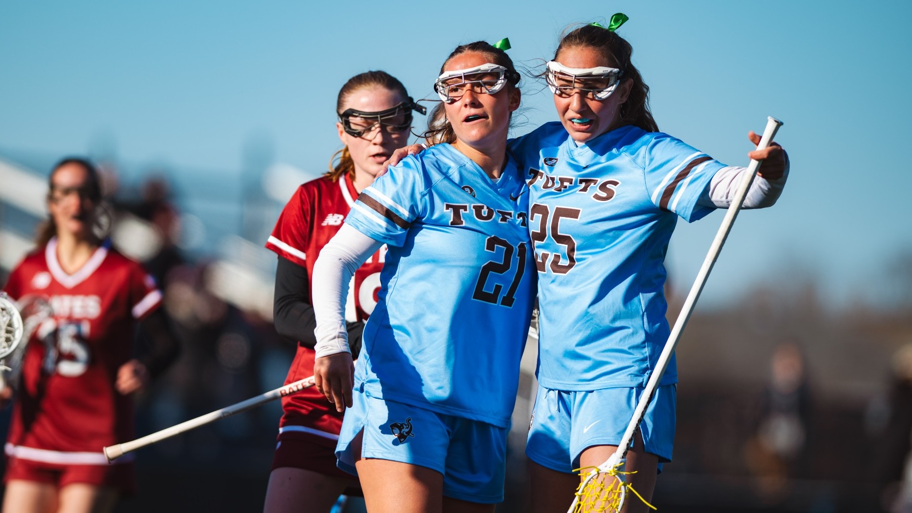 Tufts Attackers Allie Zorn, Anna Mollahan Celebrate Goal Against Bates April 8.
