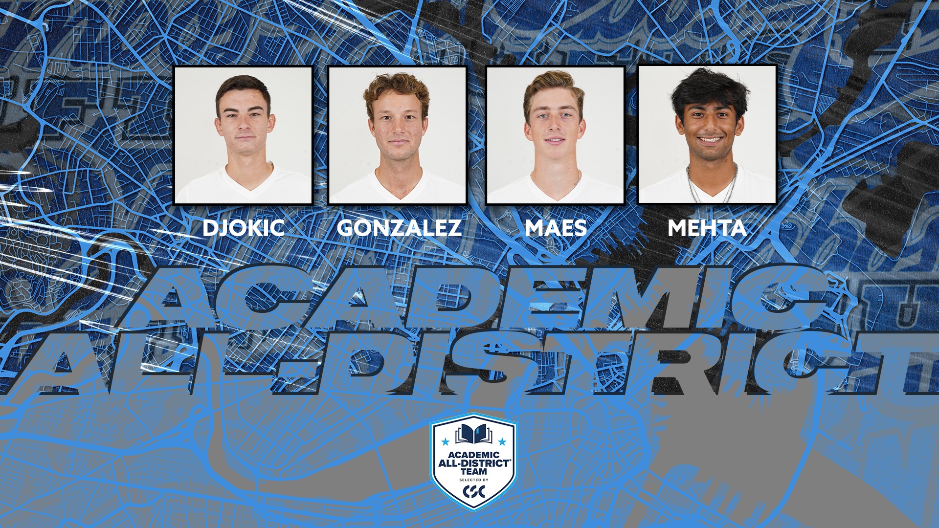 This is the graphic for men's tennis Academic All-District awards earned by Tufts.