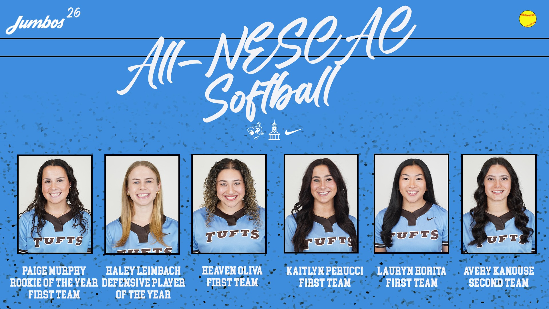 This is the graphic for the Tufts softball team All-Conference honorees.