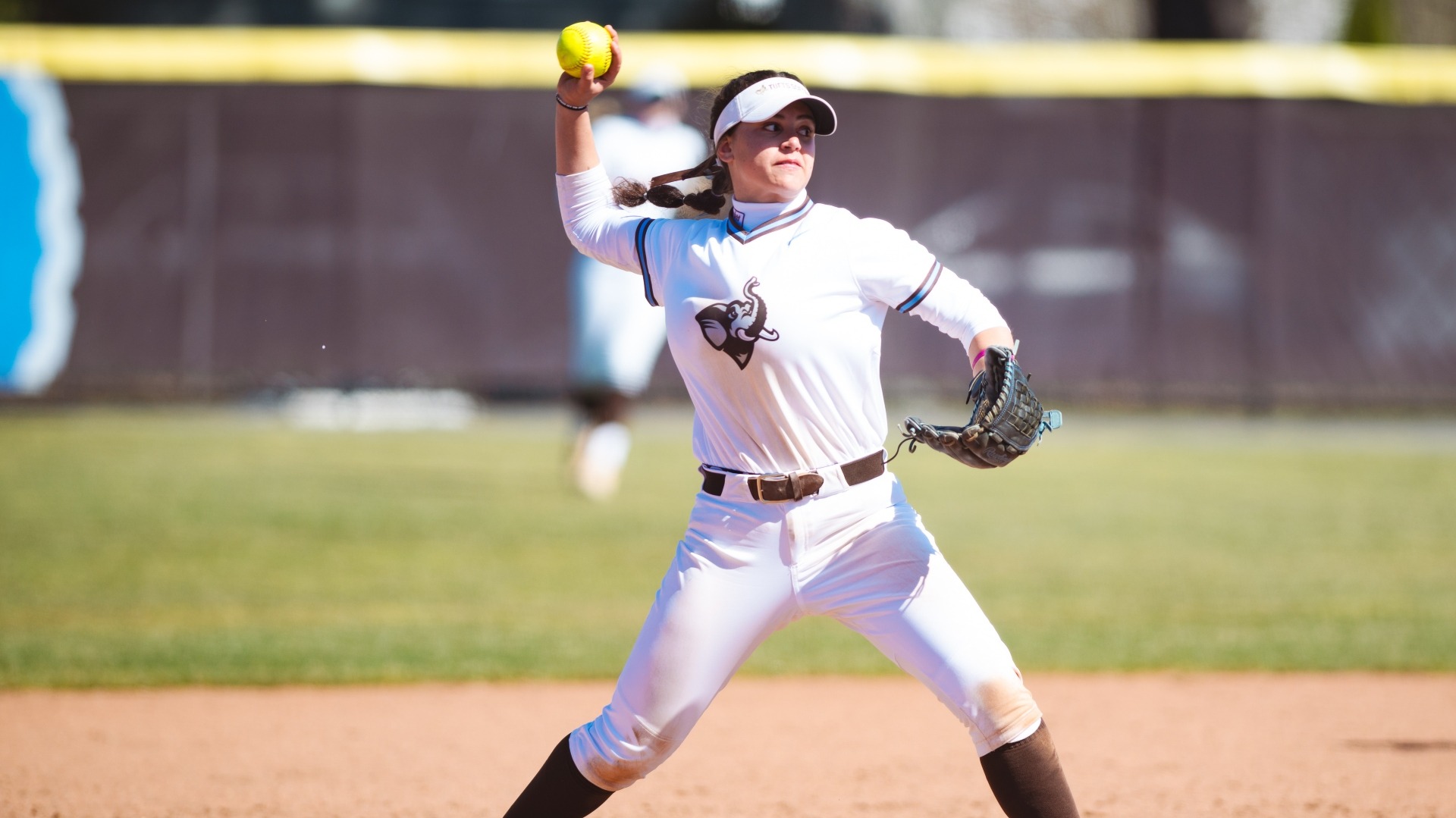 Paige Murphy makes the throw to first during a Jumbo game against Bates.