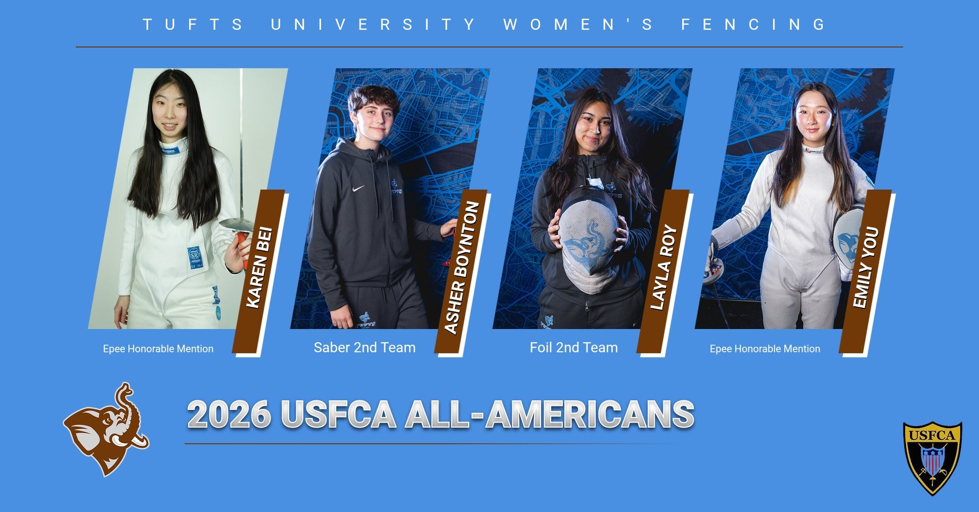 This is the graphic for the women's fencing USFCA All-Americans from Tufts.