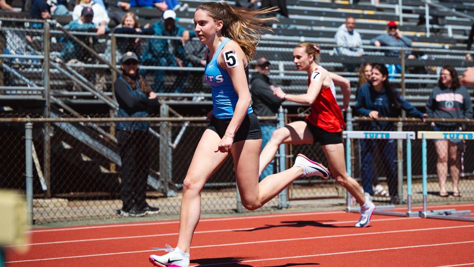 Lauren Zipoli finishes at hurdles race at Ellis Oval during the 2026 season.