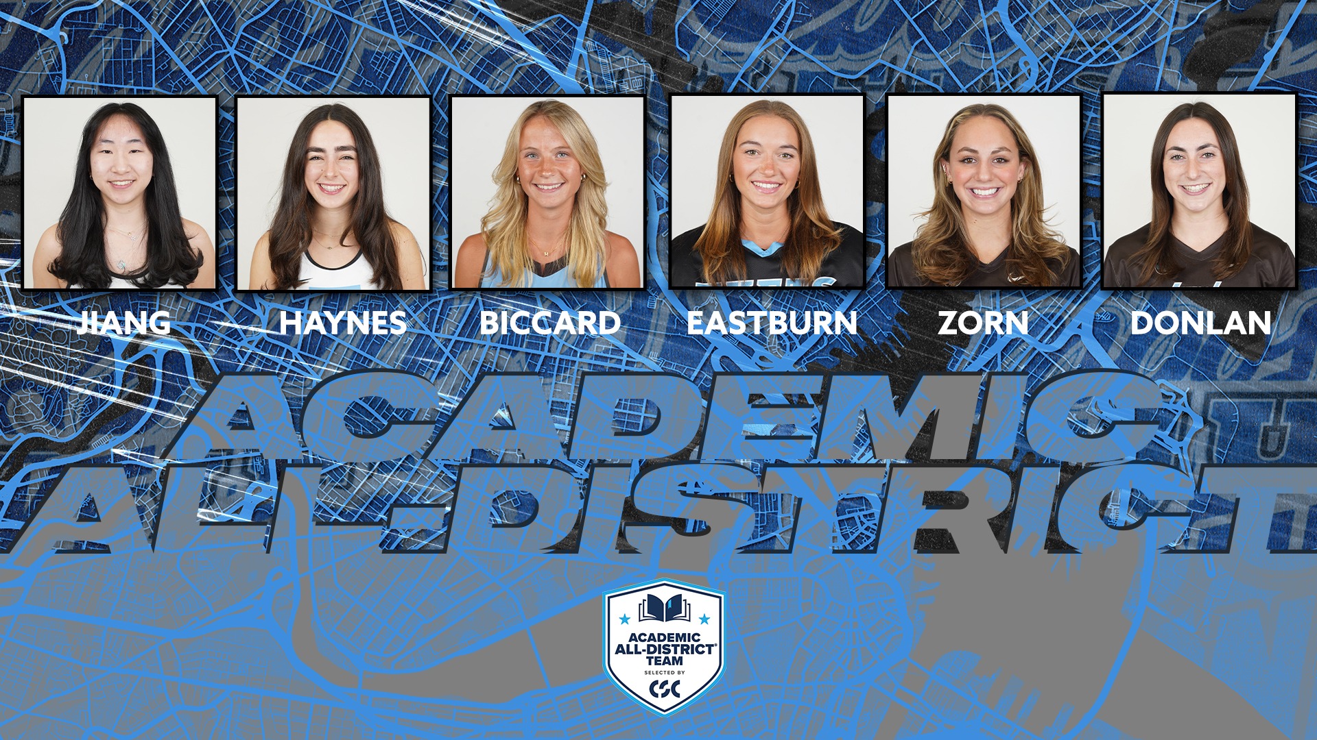 This is the graphic for Tufts' Women's All-District At Large Academic Team honorees.