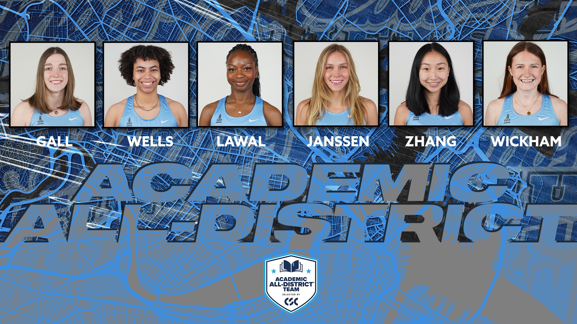 This is the graphic for Tufts women's cross country and track & field Academic All district honorees.